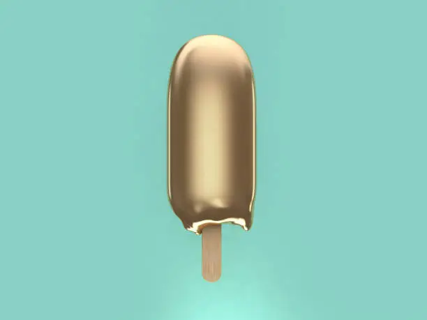 minimal abstract gold metallic ice cream on green background 3d rendering