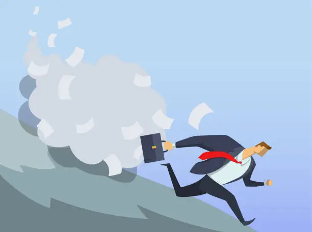 Vector illustration of Businessman in office suit running fast down the hill. Anticrisis managements. Urgent measures. Clerical troubles. Race for success. Hurry up. Concept flat vector illustration. Horizontal.