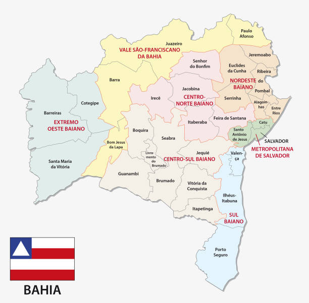 ilustrações, clipart, desenhos animados e ícones de mapa político e administrativo de bahia com bandeira - bahia