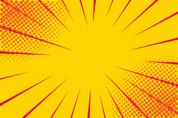 Vector illustration of Pop art retro comic. Yellow background. Lightning blast halftone dots. Cartoon vs. Vector Illustration