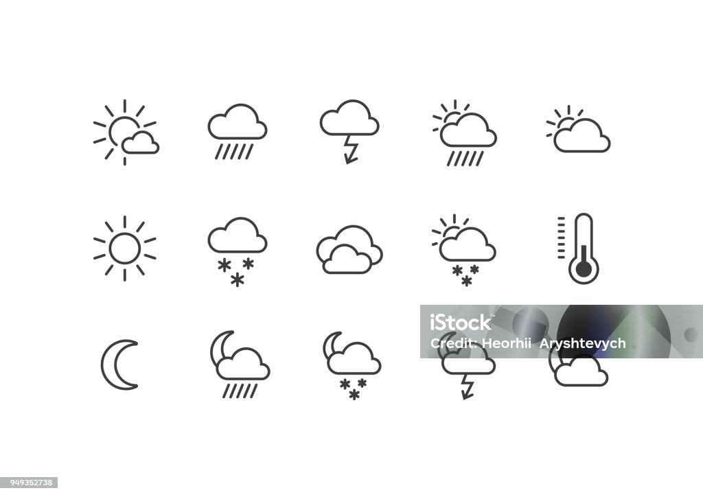 A set of black and white weather icons A set of black and white frameless weather icons Icon Symbol stock vector