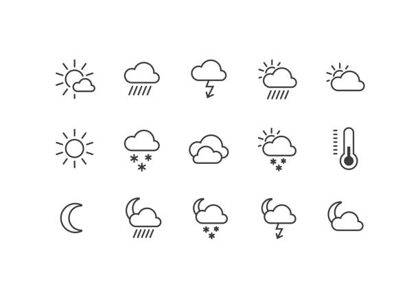 A set of black and white weather icons A set of black and white frameless weather icons rain symbols stock illustrations
