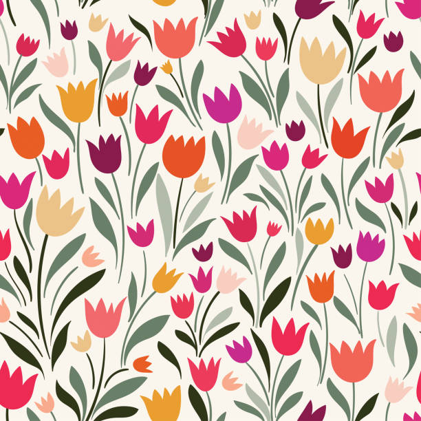 illustrations, cliparts, dessins animés et icônes de modèle sans couture avec tulipes dessinés à main - double tulip