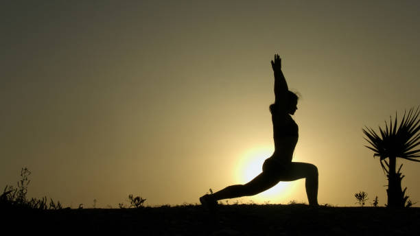 istock Perfect yoga pose for balance on setting sun background, meditation techniques 949366160