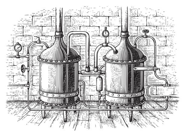 ilustraciones, imágenes clip art, dibujos animados e iconos de stock de bosquejo del destilador vintage. moonshining ilustración vectorial - alambique