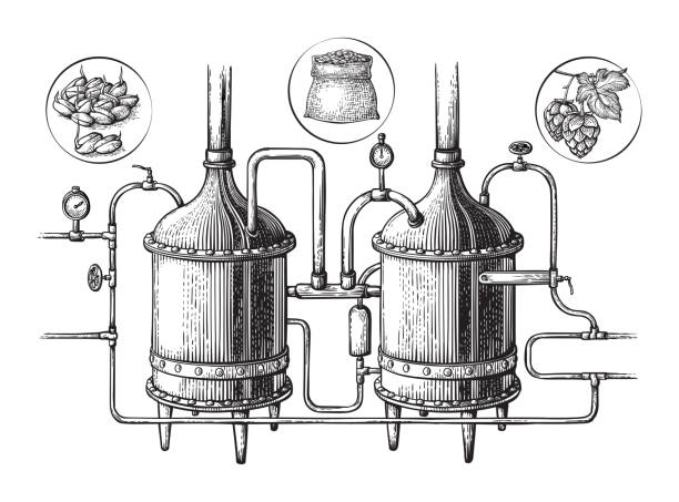 ilustraciones, imágenes clip art, dibujos animados e iconos de stock de bosquejo del destilador vintage. moonshining ilustración vectorial - alambique