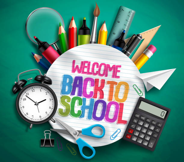 Welcome back to school vector banner with school supplies, education elements and colorful text Welcome back to school vector banner with school supplies, education elements and colorful text in textured white paper in green background. Vector illustration. school supplies stock illustrations