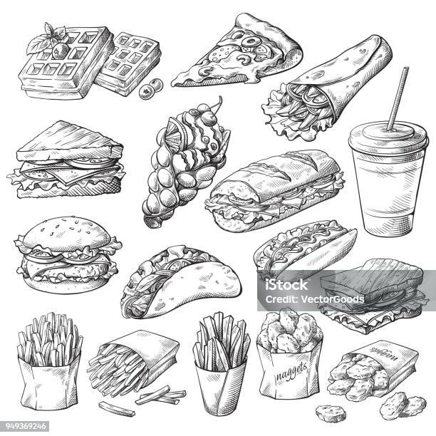 패스트 푸드 제품 설정 샌드위치-음식에 대한 스톡 벡터 아트 및 기타 이미지 - 샌드위치-음식, 음식, 일러스트레이션
