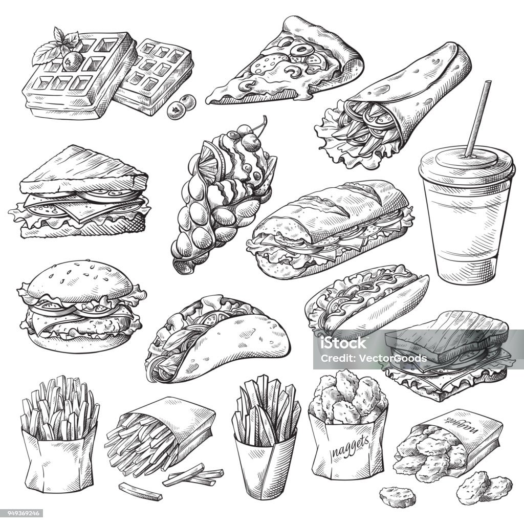 Set with fast food products Set with fast food products on white background Sandwich stock vector