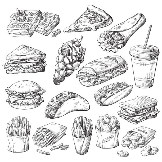 Set with fast food products Set with fast food products on white background meat drawings stock illustrations