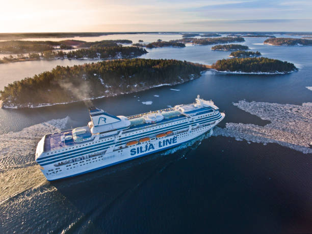 aerial view of silja symphony cruise ship - stockholm sweden sea winter imagens e fotografias de stock