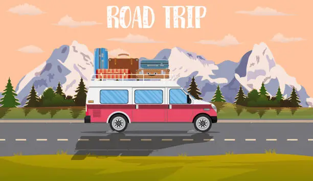 Vector illustration of Vector flat web banner on the theme of Road trip,
