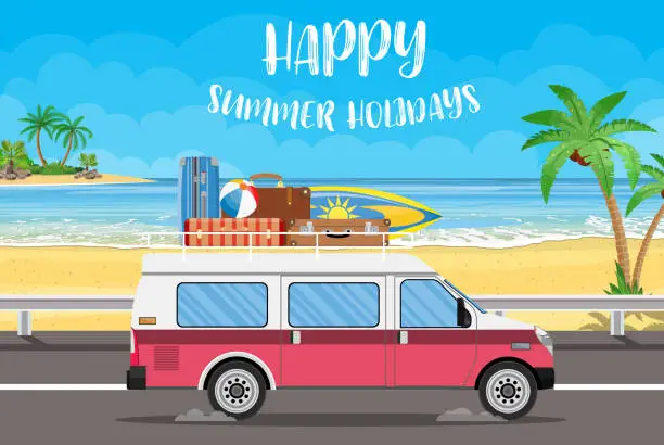 Vector illustration of travel van with surfboard and suitcases