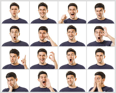 Set of facial emotions of young beautiful black haired man, showing gestures and yelling, having great mood or bored or even angry