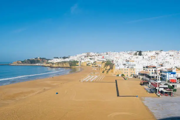 Panoramic, view of the Old Town of Albufeira City in Algarve, Portugal. Albufeira is a coastal city in the southern Algarve region of Portugal. It"u2019s a former fishing village that has become a major holiday destination.