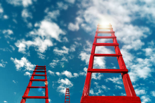 istock Business Development Motivation Career Growth Concept. Red Staircase Rests Against Blue Sky And Clouds 949376464
