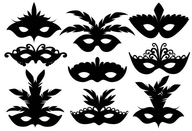 Black silhouettes. Set of carnival face masks. Masks for party decoration or masquerade. Mask with feathers. Vector illustration isolated on white background. Web site page and mobile app design Black silhouettes. Set of carnival face masks. Masks for party decoration or masquerade. Mask with feathers. Vector illustration isolated on white background. Web site page and mobile app design. venezia stock illustrations