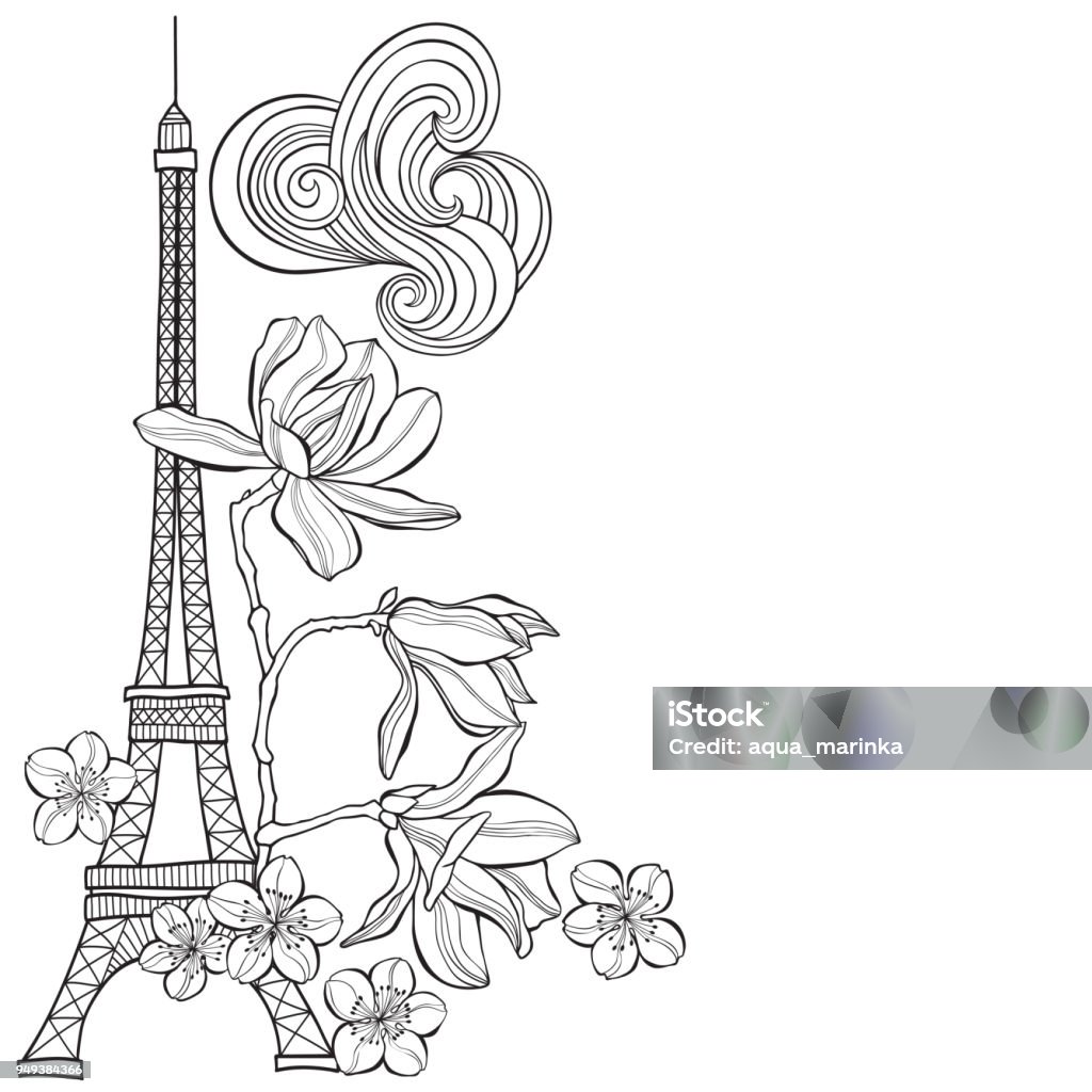 Eiffel Tower, magnolia and sakura.  Spring illustration with place for text on a white background.Vertical composition. Greeting card, invitation or isolated elements for design. Vector illustration with the symbols of spring Paris. Cherry Blossom stock vector