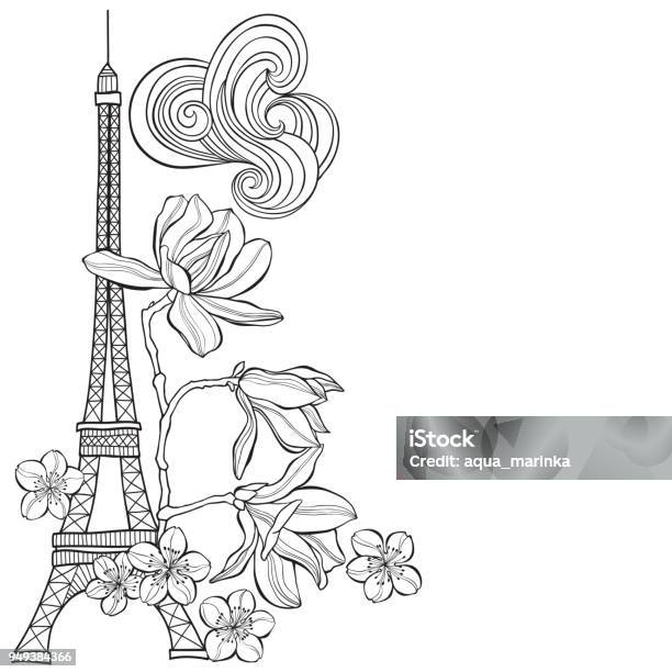 Eiffel Tower Magnolia And Sakura Spring Illustration With Place For Text On A White Backgroundvertical Composition Greeting Card Invitation Or Isolated Elements For Design Stock Illustration - Download Image Now