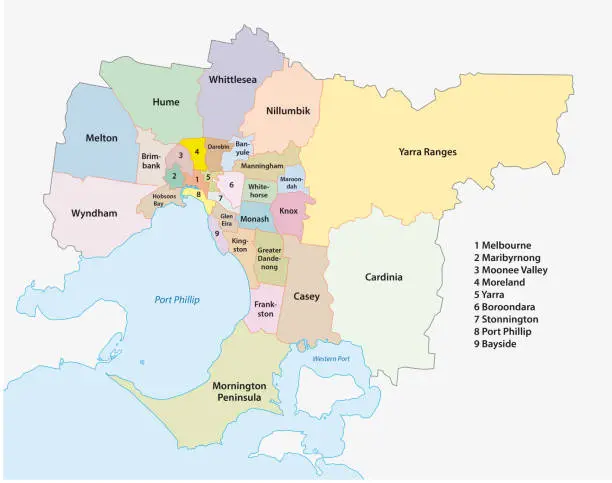 Vector illustration of Melbourne Metro Area administrative map