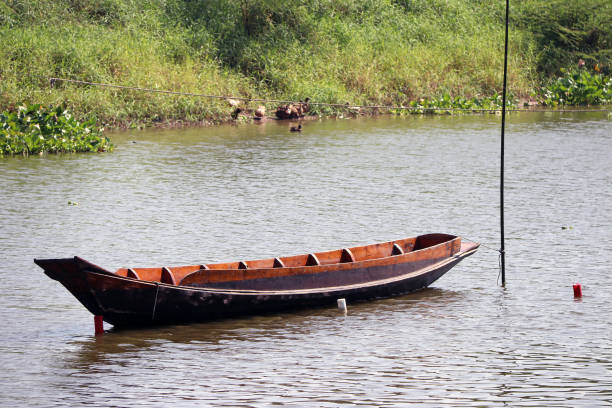 삼 판 배는 강의 한가운데에 주차. - rowboat nautical vessel stern wood 뉴스 사진 이미지