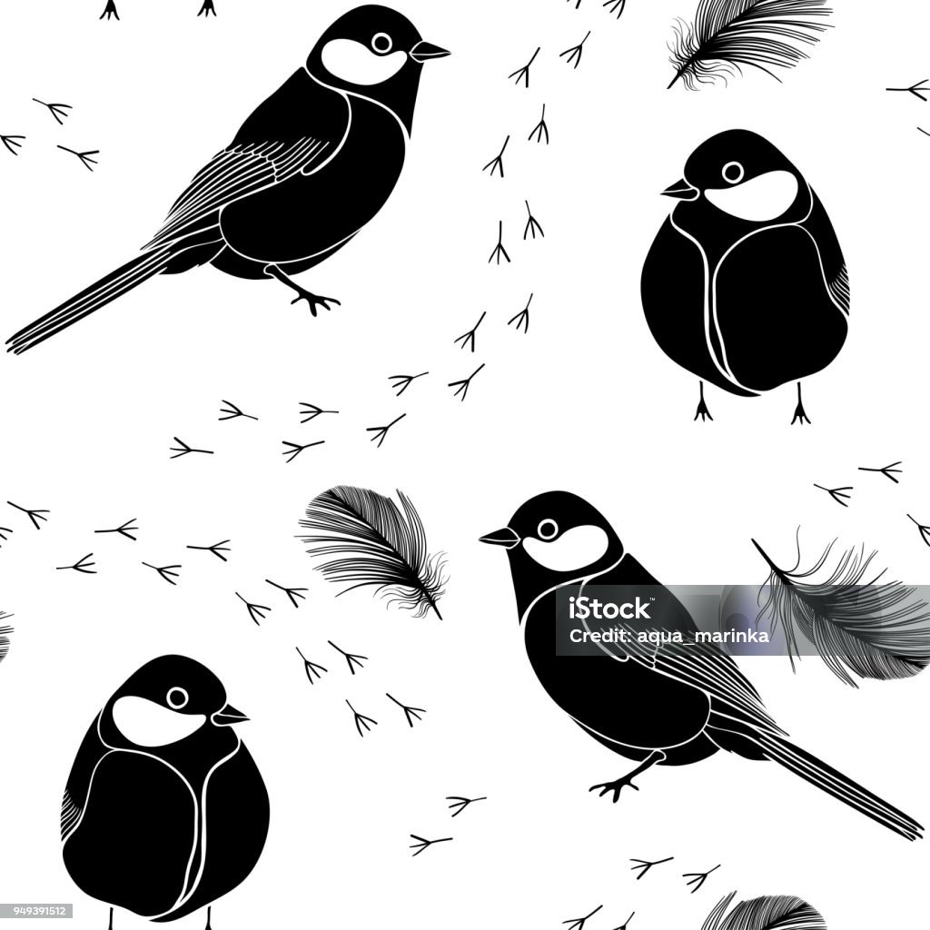 Seamless pattern with birds, feathers and traces on a white background. Black and white vector illustration. Vector background with birds. Monochrome animal pattern. Animal stock vector