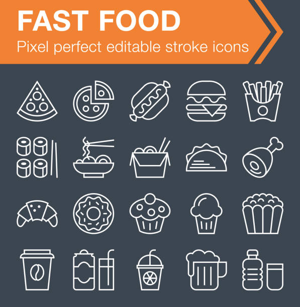 Conjunto de ícones de fast-food de linha fina para aplicativos móveis e web design - ilustração de arte em vetor