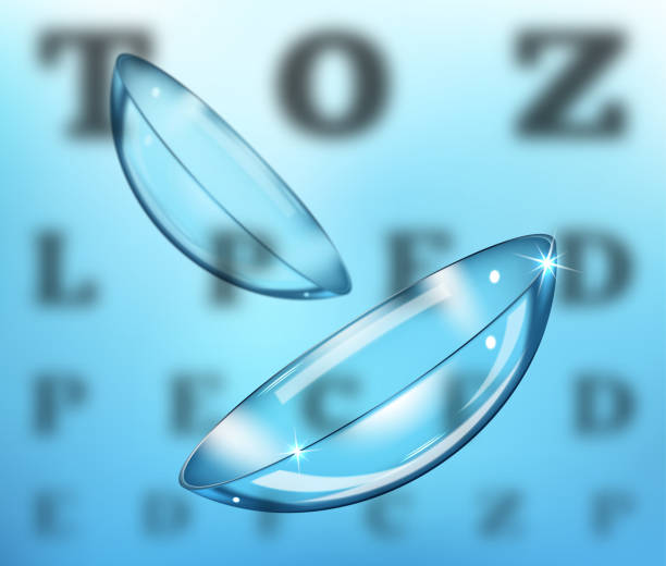 Medicine and vision concept - contact lenses on eyesight test chart background Medicine and vision concept - contact lenses on eyesight test chart background contact lens stock illustrations