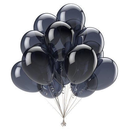 Black balloon birthday party decoration glossy balloons bunch. Happy holiday anniversary celebrate invitation greeting card background. 3d illustration isolated on white
