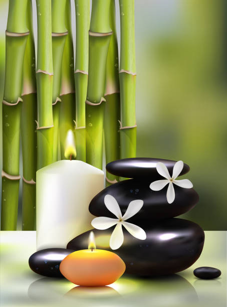 illustrazioni stock, clip art, cartoni animati e icone di tendenza di illustrazione vettoriale di uno stile realistico. candele sullo sfondo di germogli di bambù. eccellente poster pubblicitario verde per il salone spa - bamboo fountain illustrations