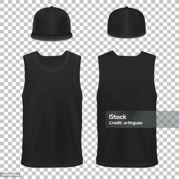 Vector Maquette Black Set Vêtements Sans Manches Chemise Cap Homme Femme Hip Hop Vecteurs libres de droits et plus d'images vectorielles de Chapeau