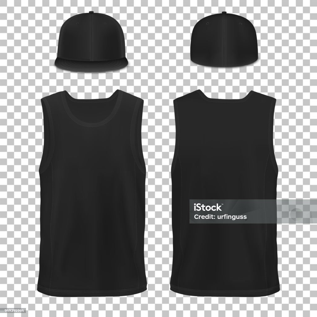 Vector Mock-up Black Set Clothes sleeveless shirt. Cap. Man Woman. Hip Hop Black Color stock vector