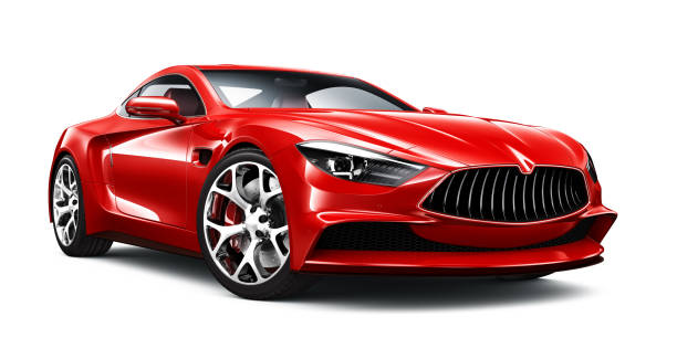 illustrazione 3d di generic red sports car su bianco - porsche foto e immagini stock