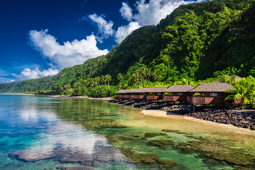 Tropical beach with with coconut palm trees and beach houses on Samoa, Upolu Island