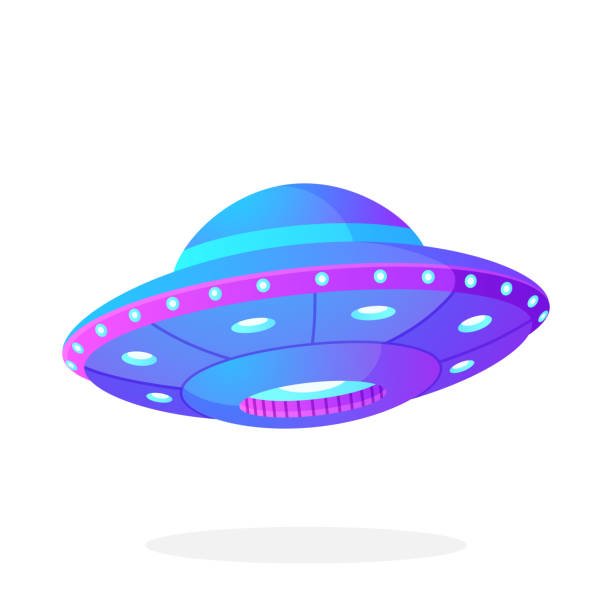 Ultra violet UFO space ship in flat style Vector illustration in flat style. Ultra violet UFO with lights. Alien space ship. Futuristic unknown flying object. Isolated on white background alien invasion stock illustrations