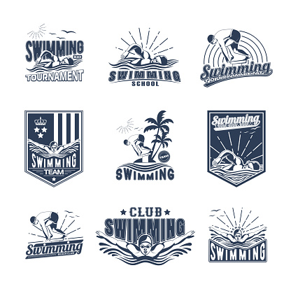 Set of swimming badges for print on T-shirts, printed products and publications on the Internet. Vector illustration