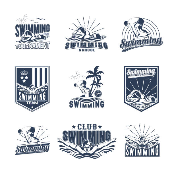 Set of swimming badges for print on T-shirts, printed products and publications on the Internet. Vector illustration Set of swimming badges for print on T-shirts, printed products and publications on the Internet. Vector illustration swimming silhouettes stock illustrations