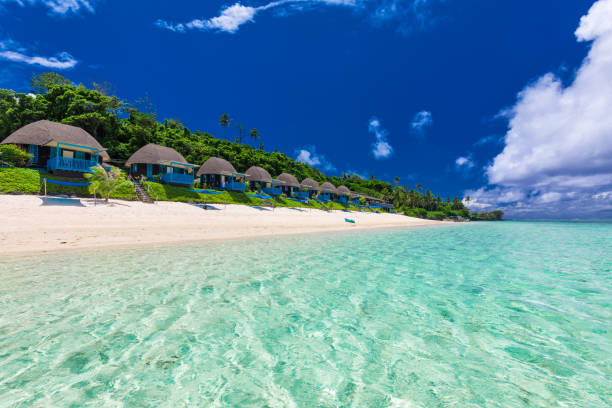 istock Tropical beach with with palm trees and villas, Polynesia 949403252