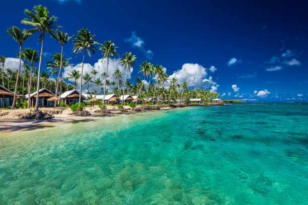 istock Tropical beach with with coconut palm trees and villas on Samoa 949403744