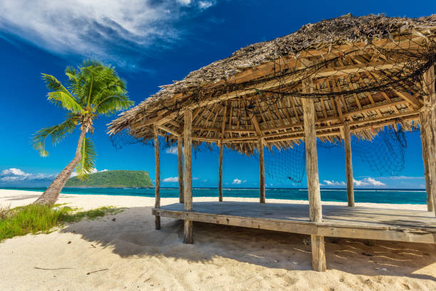 istock Tropical natural beach on Samoa Island with palm tree and fale 949404416
