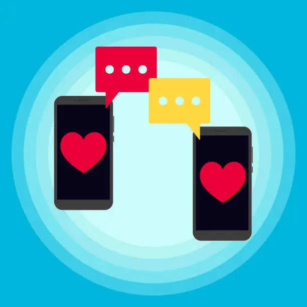 Vector illustration of Two phones chatting sms messages notification popped above the screen vector illustration, flat design style with heart love icons. Symbol of conversation and chat bubbles concept