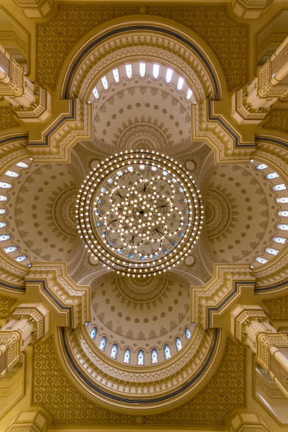 Sharjah, United Arab Emirates - december 04, 2017: chandelier hanging from the dome of  Al Noor Mosque in Sharjah, UAE