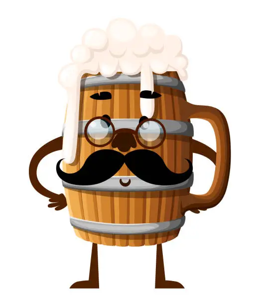 Vector illustration of Cartoon style character design. Wooden beer mug with black mustache. Mascot with glasses. Vector illustration isolated on white background. Website page and mobile app design