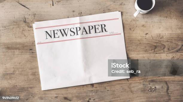 Newspaper And Coffee On Wooden Background Stock Photo - Download Image Now - Newspaper, Table, Empty