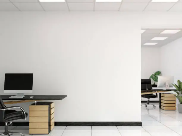 Photo of Office wall mock up interior. Wall art in Scandinavian style. 3d rendering, 3d illustration