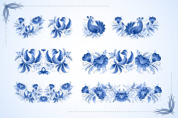 Classic ceramic ornament birds vector art illustration