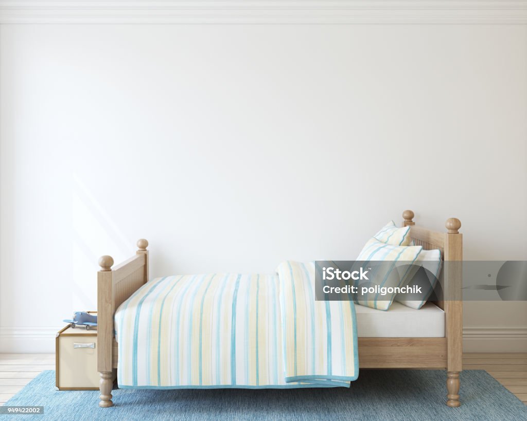 Bedroom for boy. Bedroom for boy. Interior mock-up. Bed - Furniture Stock Photo