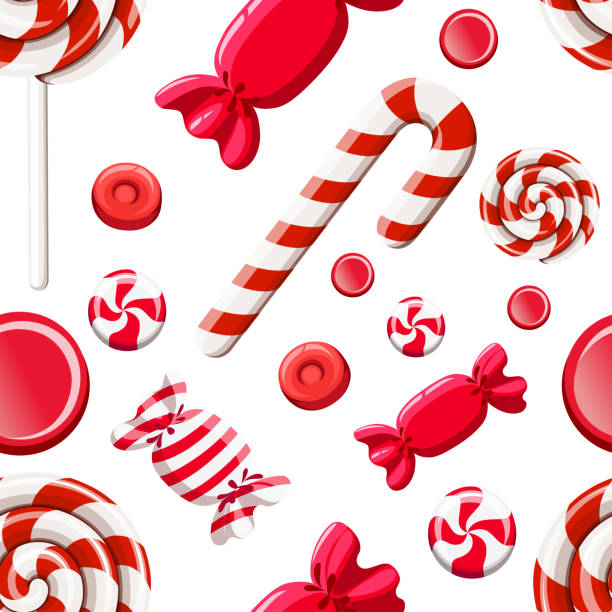 illustrations, cliparts, dessins animés et icônes de modèle sans couture de sucreries rouges. bonbons durs, canne, sucette. candys wrapper. illustration vectorielle sur fond blanc. page du site web et conception de l’application mobile - hard candy candy mint wrapped