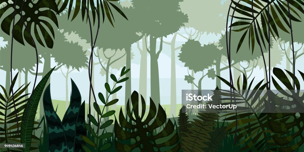 Vector fondo de paisaje de selva de bosque tropical con hojas, helechos, aislado, ilustraciones - arte vectorial de Bosque pluvial libre de derechos
