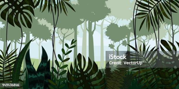 Ilustración de Vector Fondo De Paisaje De Selva De Bosque Tropical Con Hojas Helechos Aislado Ilustraciones y más Vectores Libres de Derechos de Bosque pluvial